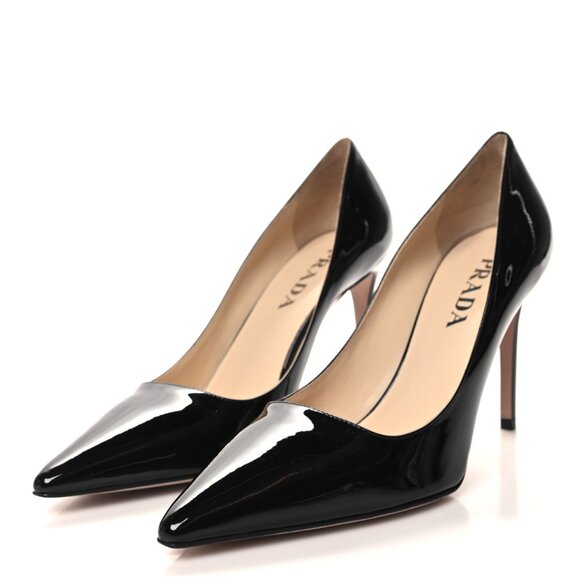 NWT Prada Pointed Toe Pumps Black Patent Leather High Stiletto Heels Sz 34 - Picture 2 of 11